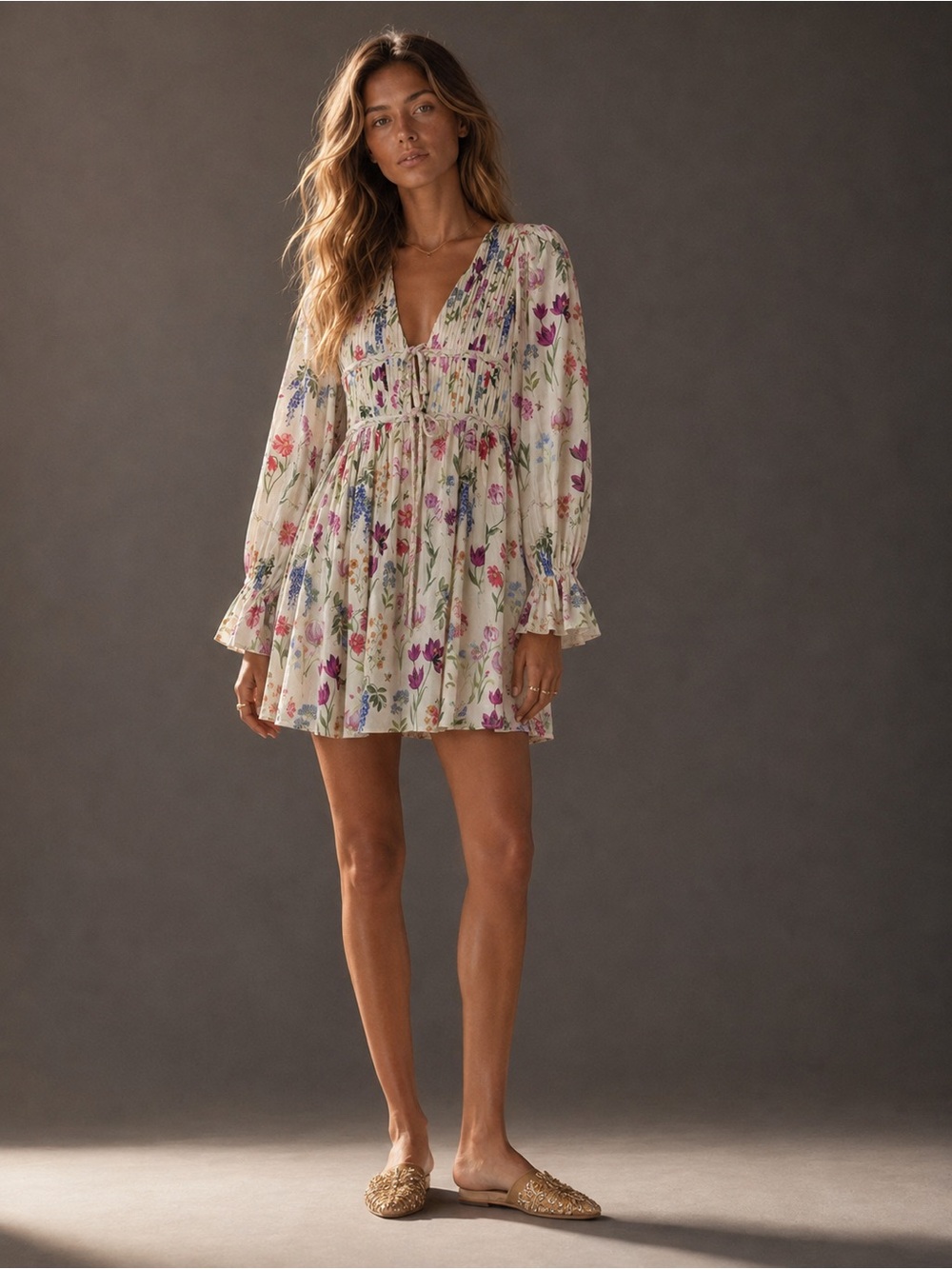 En Saison Ivory Floral Pintuck Mini Dress